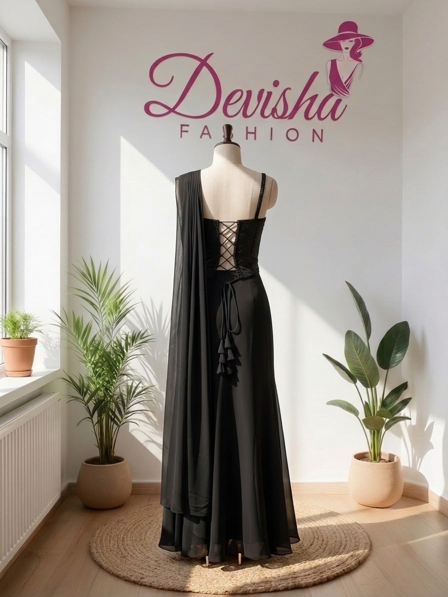 : Black Ready-to-Wear Saree with Embellished Corset Blouse