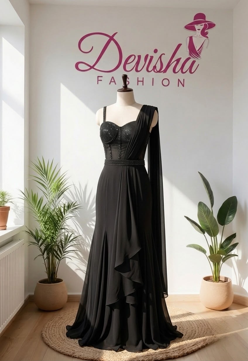 : Black Ready-to-Wear Saree with Embellished Corset Blouse