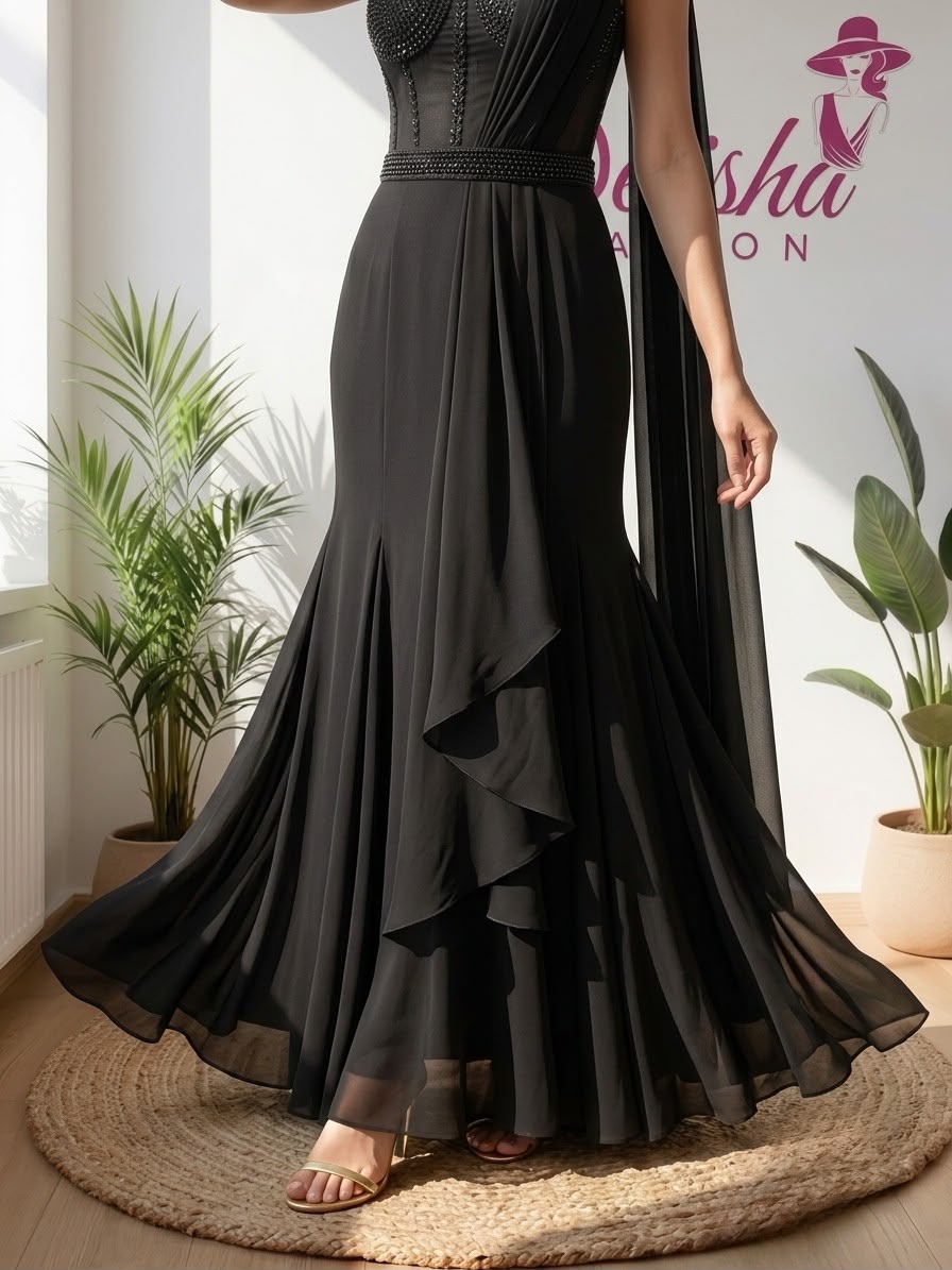 : Black Ready-to-Wear Saree with Embellished Corset Blouse