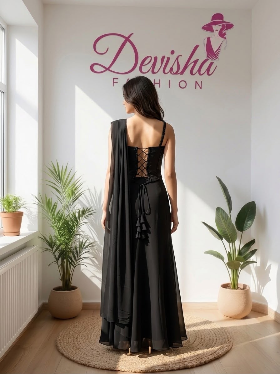 : Black Ready-to-Wear Saree with Embellished Corset Blouse