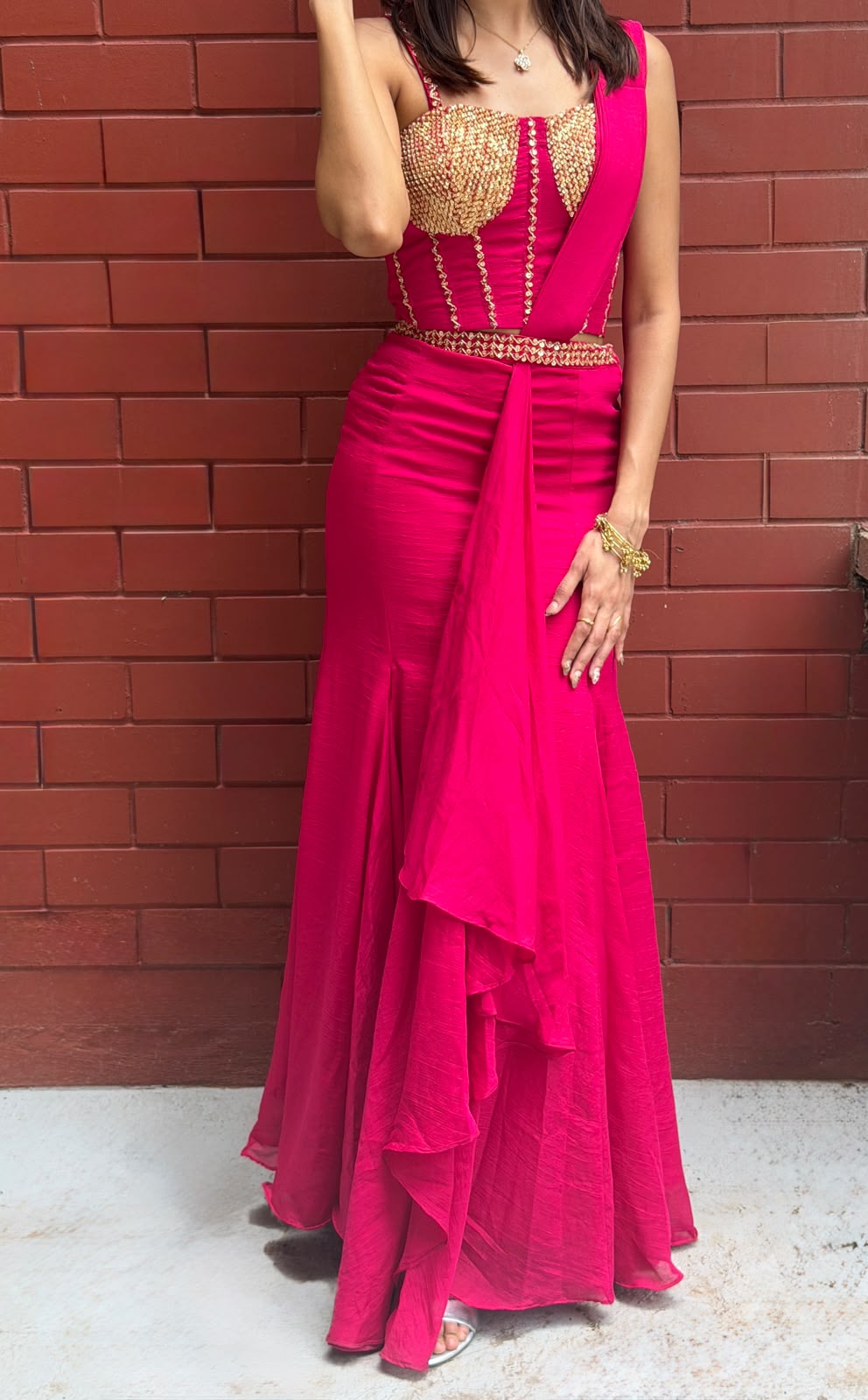 Magenta Ready-to-Wear Saree with Golden Embellished Blouse