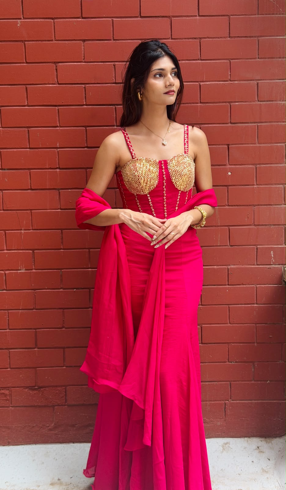 Magenta Ready-to-Wear Saree with Golden Embellished Blouse