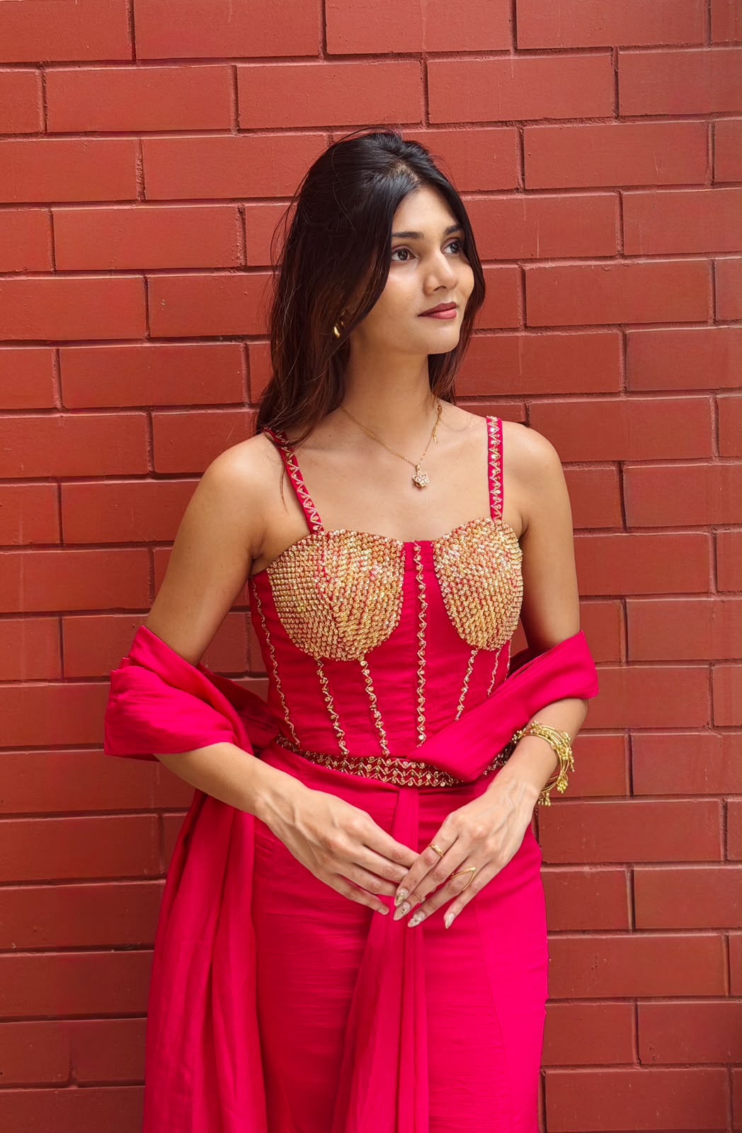 Magenta Ready-to-Wear Saree with Golden Embellished Blouse