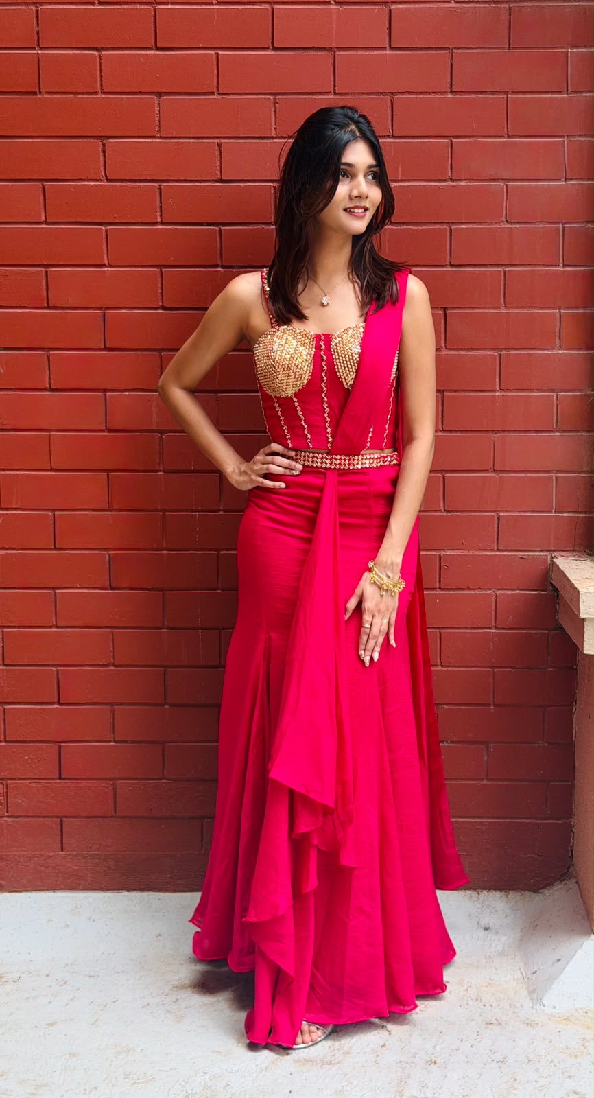 Magenta Ready-to-Wear Saree with Golden Embellished Blouse
