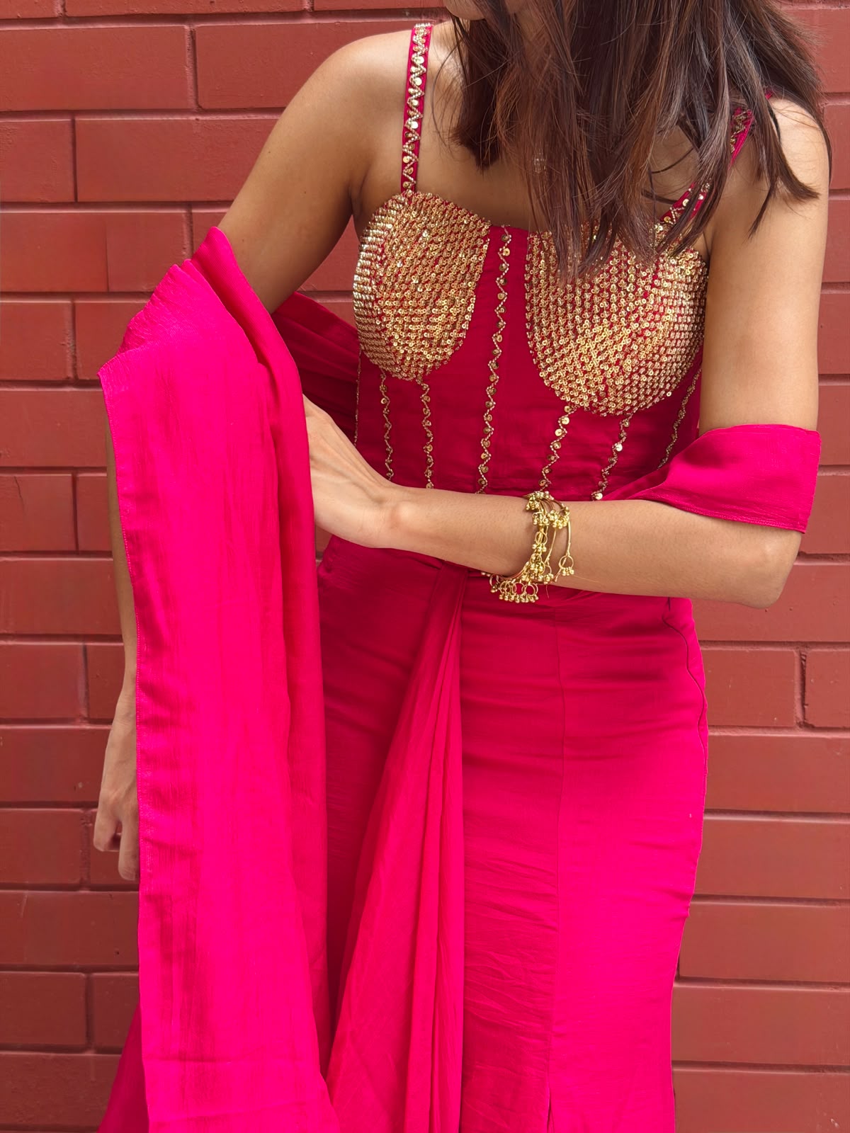 Magenta Ready-to-Wear Saree with Golden Embellished Blouse