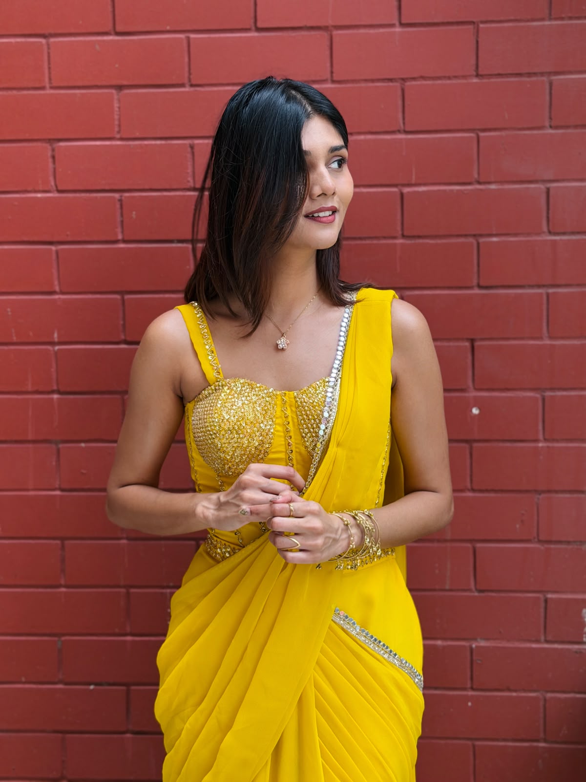Sunshine Yellow Ready-to-Wear Saree with Embellished Blouse