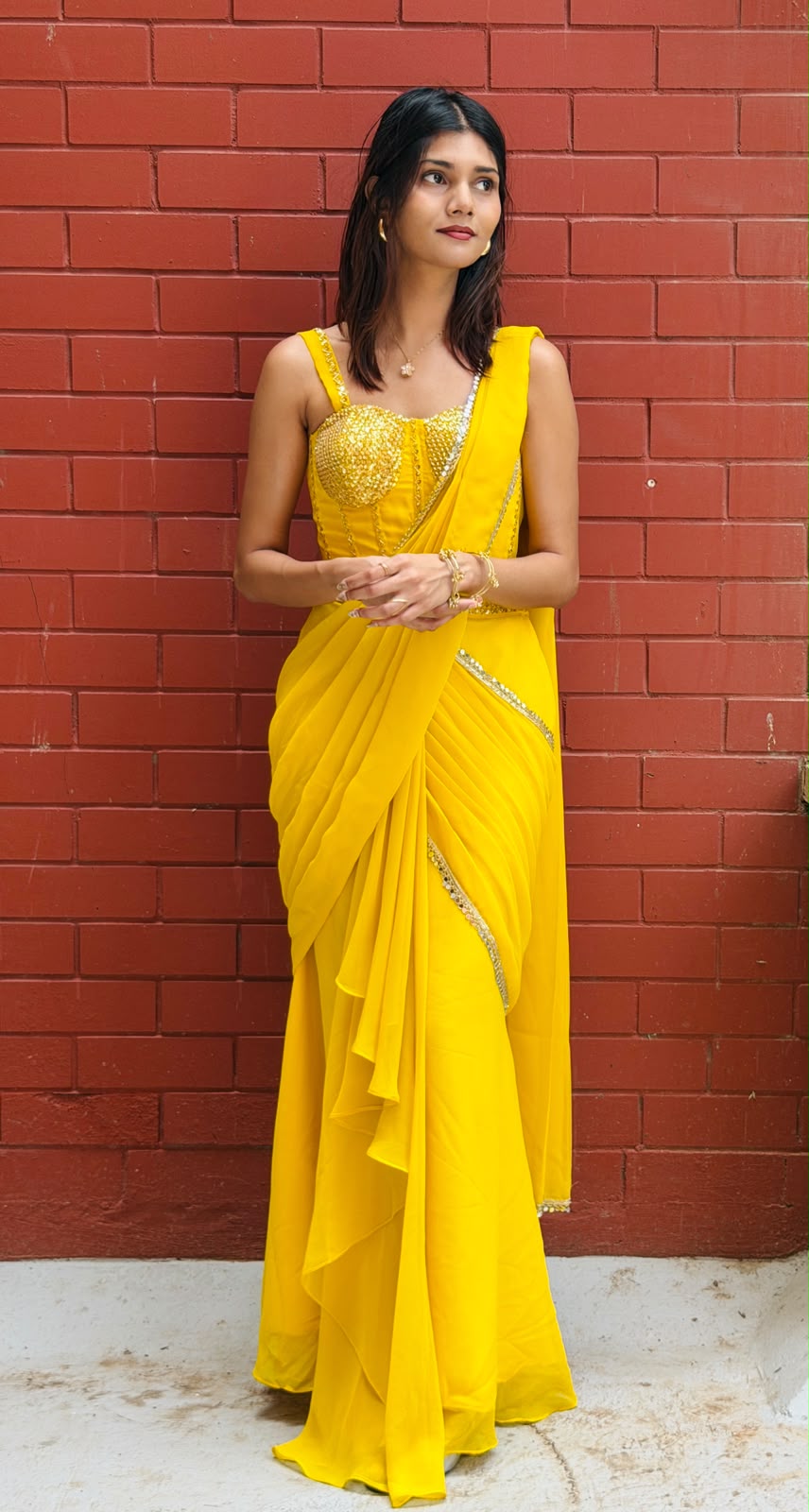 Sunshine Yellow Ready-to-Wear Saree with Embellished Blouse