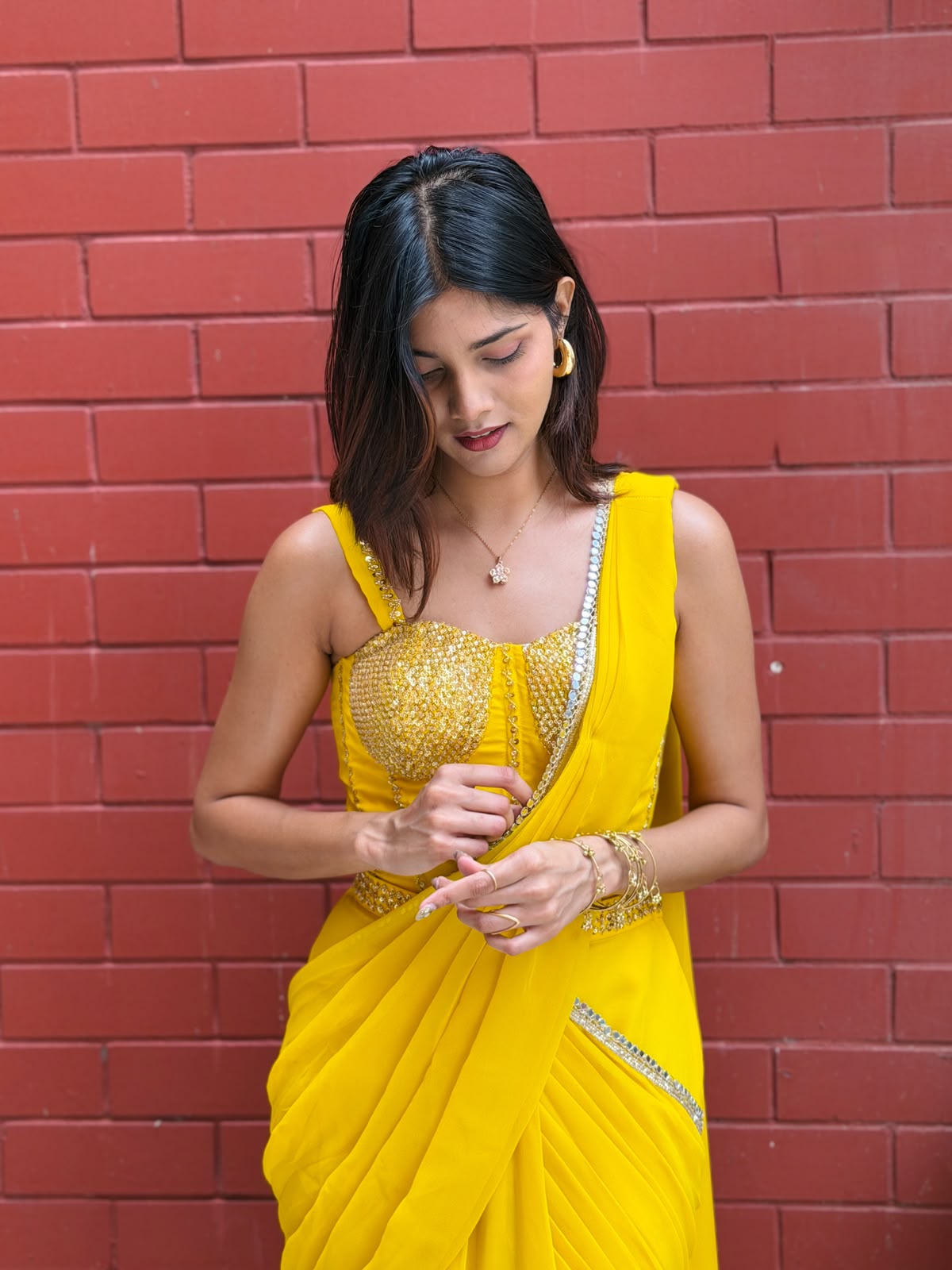 Sunshine Yellow Ready-to-Wear Saree with Embellished Blouse