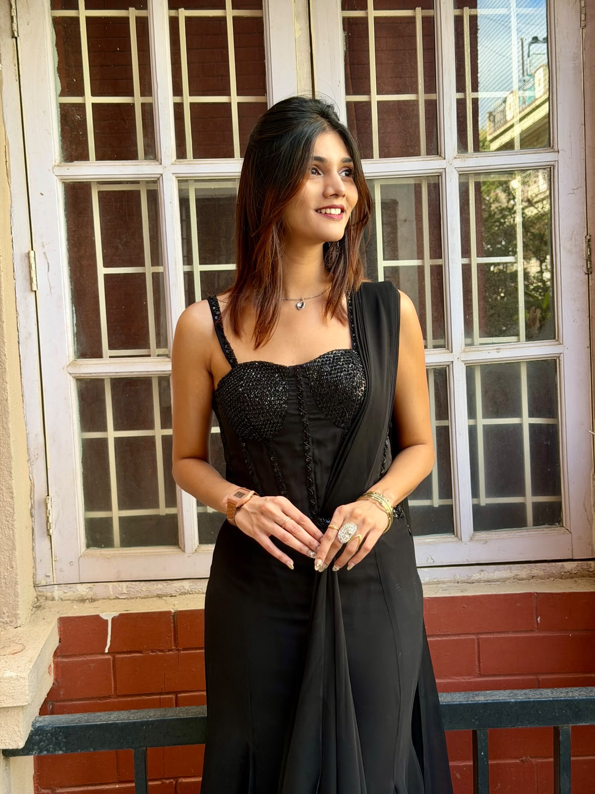 Black Ready-to-Wear Saree with Embellished Corset Blouse