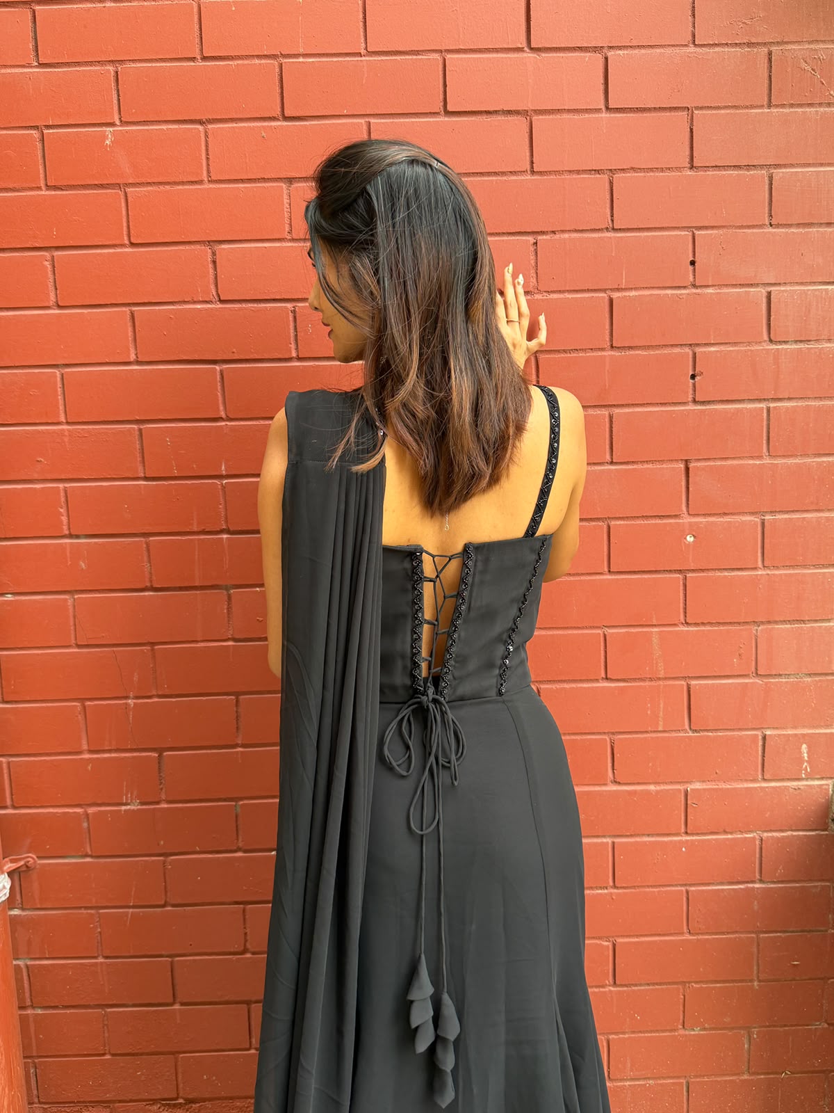 Black Ready-to-Wear Saree with Embellished Corset Blouse