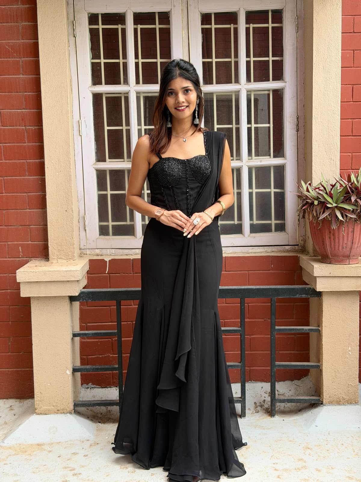 Black Ready-to-Wear Saree with Embellished Corset Blouse