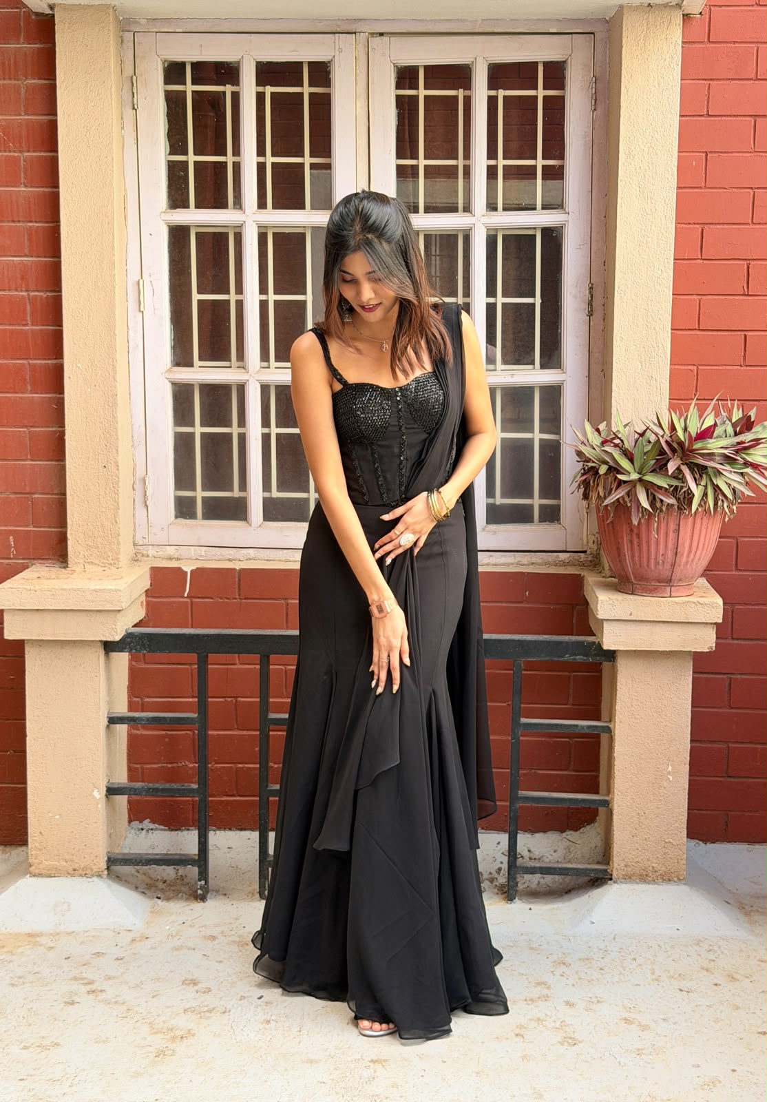 Black Ready-to-Wear Saree with Embellished Corset Blouse