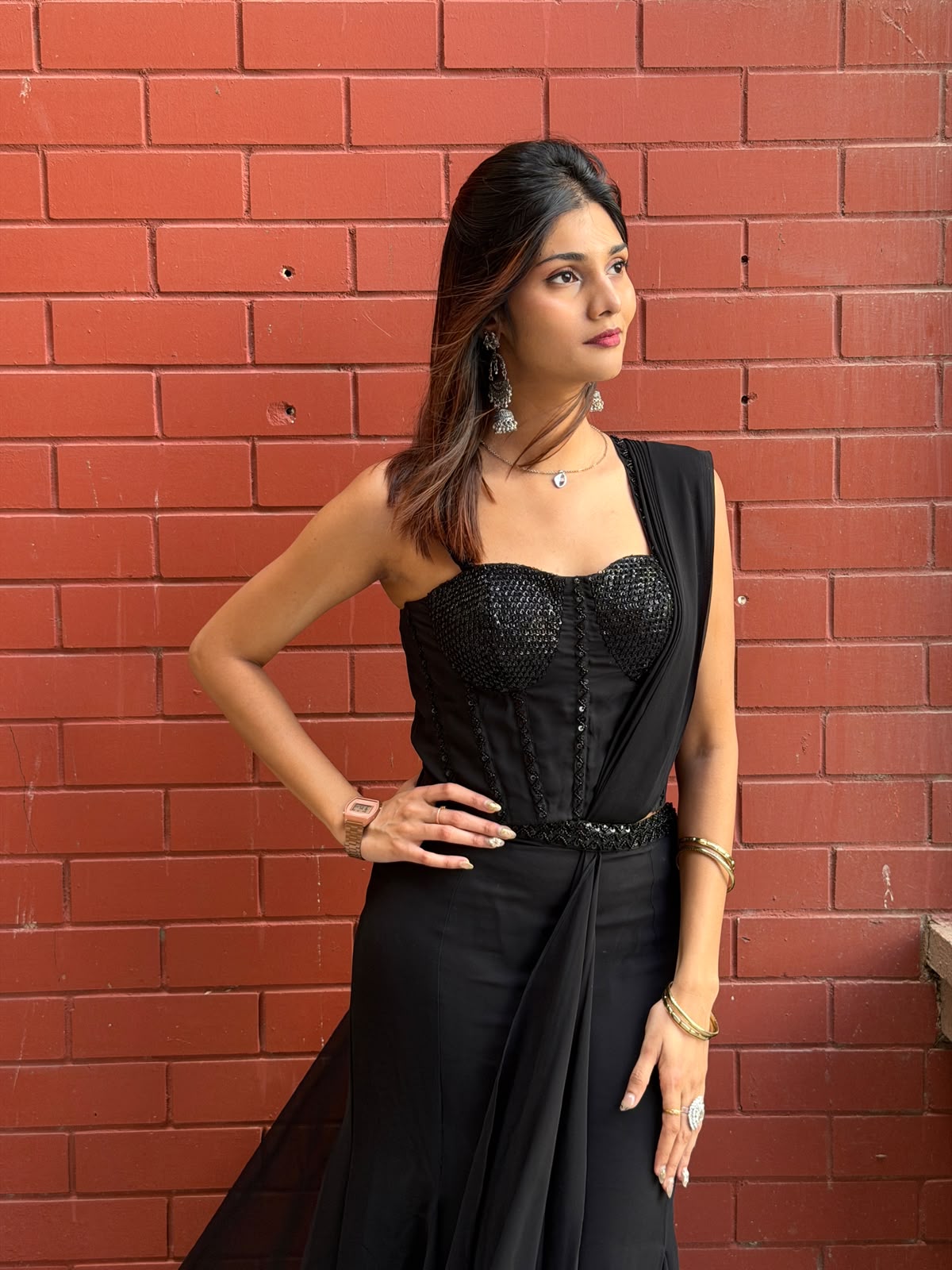 Black Ready-to-Wear Saree with Embellished Corset Blouse