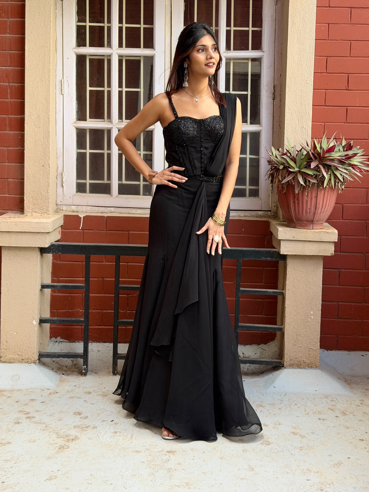 Black Ready-to-Wear Saree with Embellished Corset Blouse