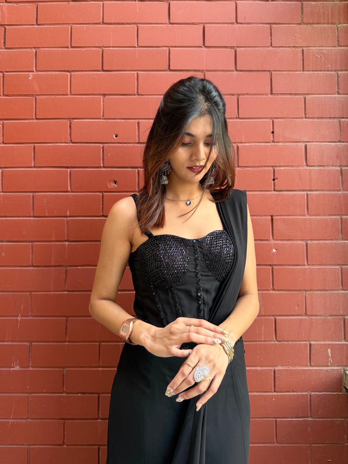 Black Ready-to-Wear Saree with Embellished Corset Blouse