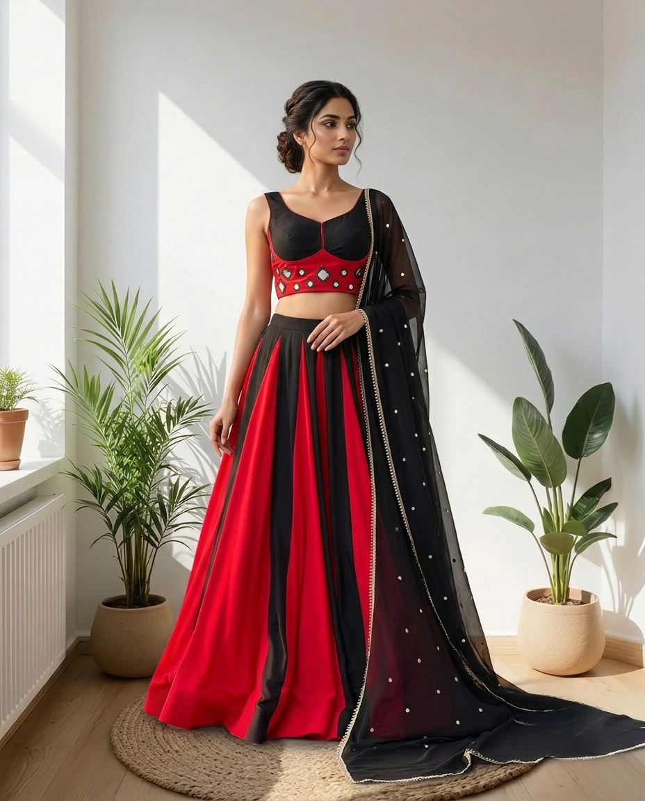 Red & Black Navratri Lehenga Choli Set with Embellished Dupatta | Festive Garba & Dandiya Outfit