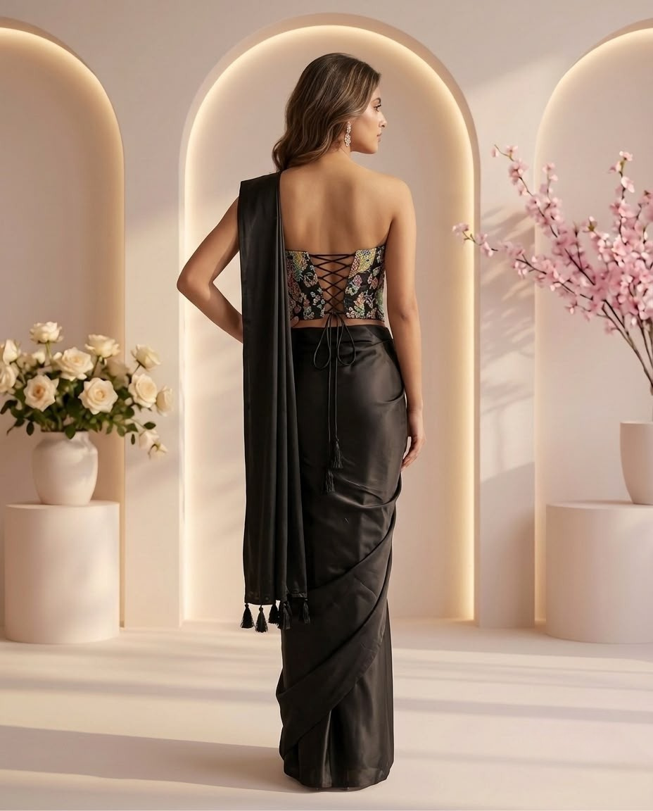 Black Ready-to-Wear Satin Saree with Embroidered Corset Blouse | Pre-Stitched Designer Party Wear Saree