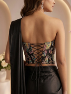 Black Ready-to-Wear Satin Saree with Embroidered Corset Blouse | Pre-Stitched Designer Party Wear Saree