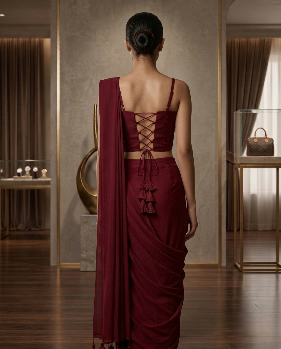 Wine Red Pre-Stitched Saree with Embroidered Corset Blouse