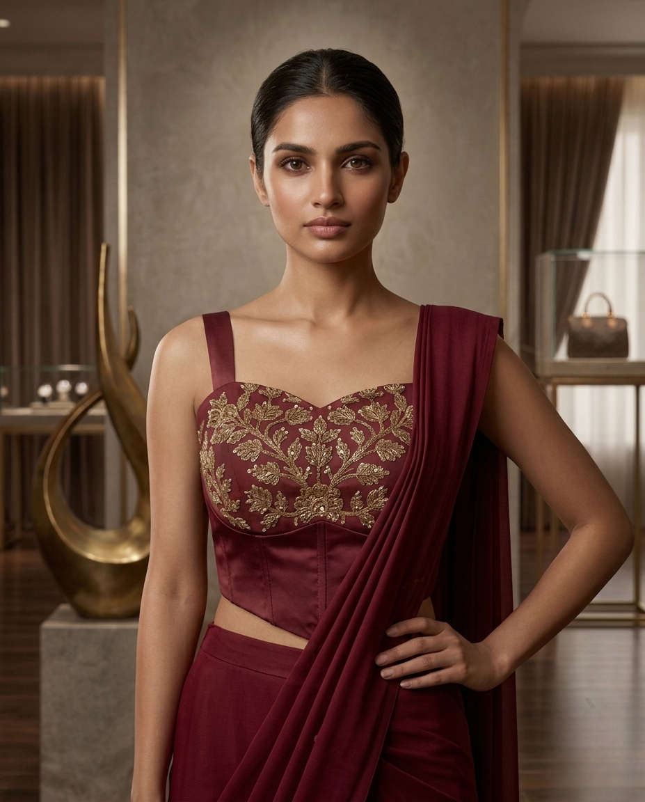 Wine Red Pre-Stitched Saree with Embroidered Corset Blouse