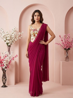 Wine Ready-to-Wear Saree with Floral Embroidered Corset Blouse | Pre-Stitched Designer Party Wear Saree