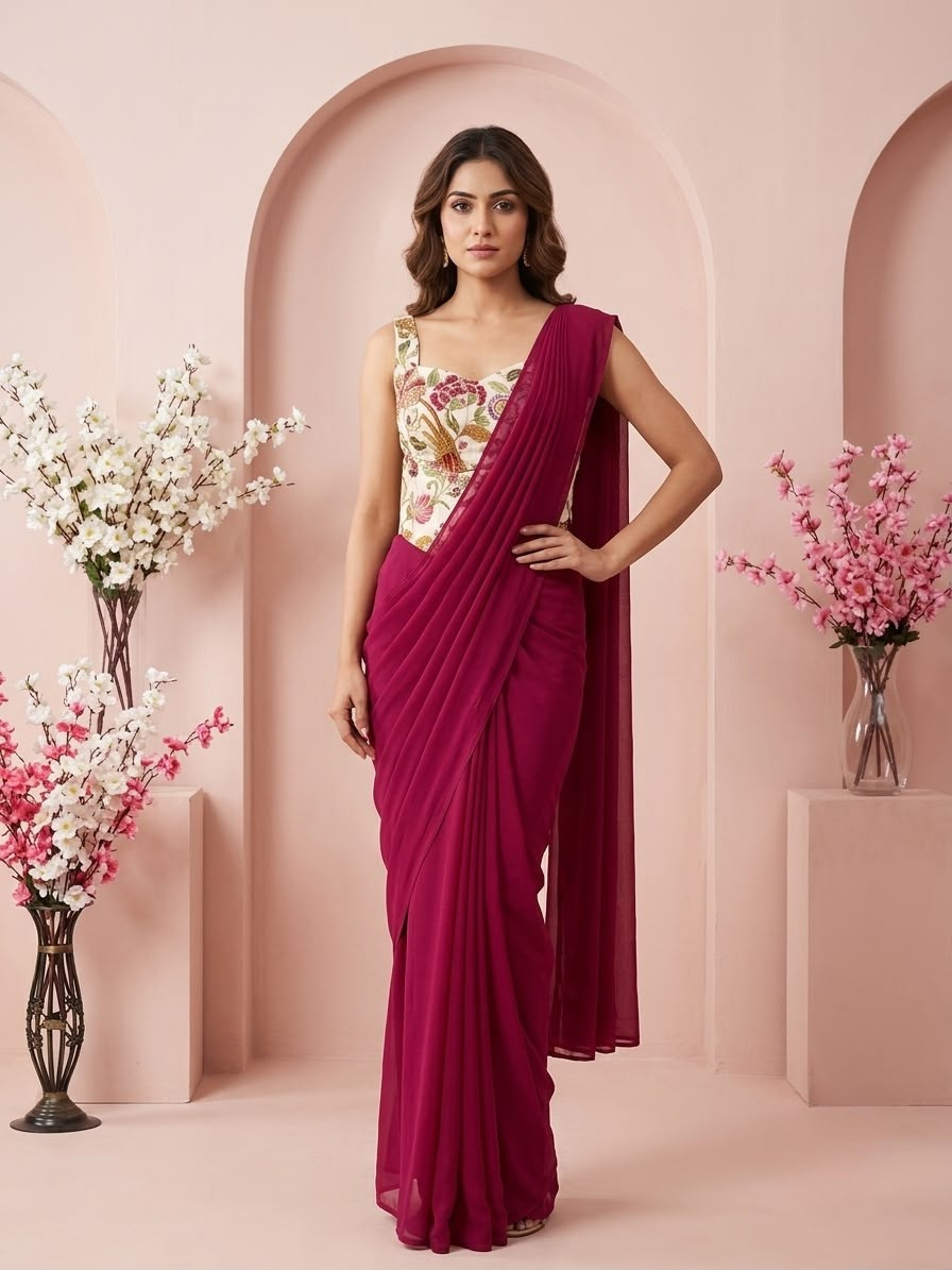 Wine Ready-to-Wear Saree with Floral Embroidered Corset Blouse | Pre-Stitched Designer Party Wear Saree
