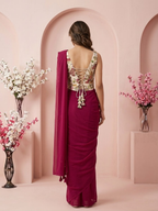 Wine Ready-to-Wear Saree with Floral Embroidered Corset Blouse | Pre-Stitched Designer Party Wear Saree