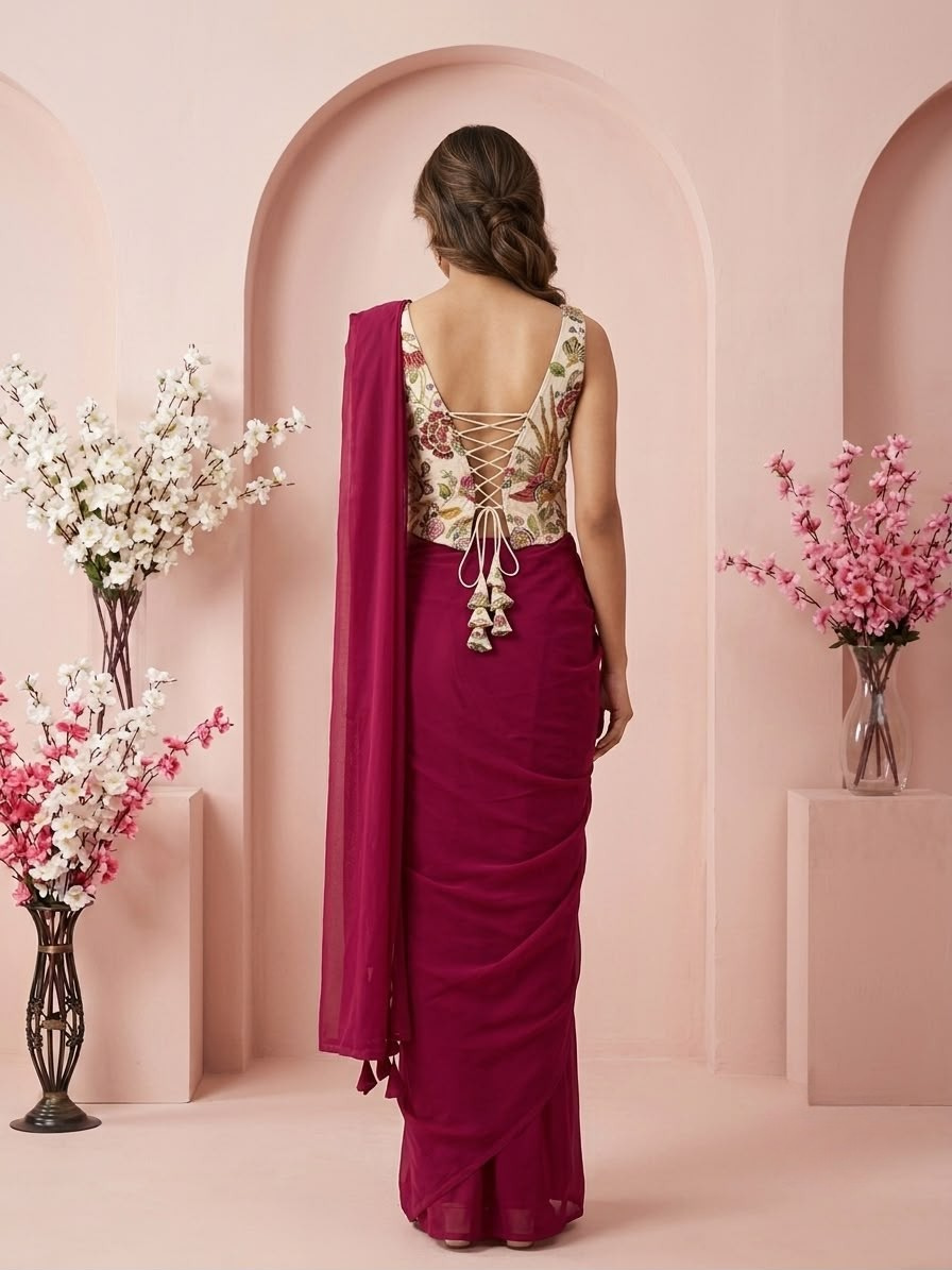 Wine Ready-to-Wear Saree with Floral Embroidered Corset Blouse | Pre-Stitched Designer Party Wear Saree