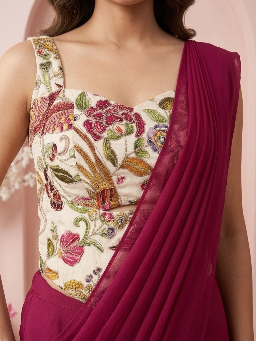 Wine Ready-to-Wear Saree with Floral Embroidered Corset Blouse | Pre-Stitched Designer Party Wear Saree