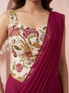 Wine Ready-to-Wear Saree with Floral Embroidered Corset Blouse | Pre-Stitched Designer Party Wear Saree
