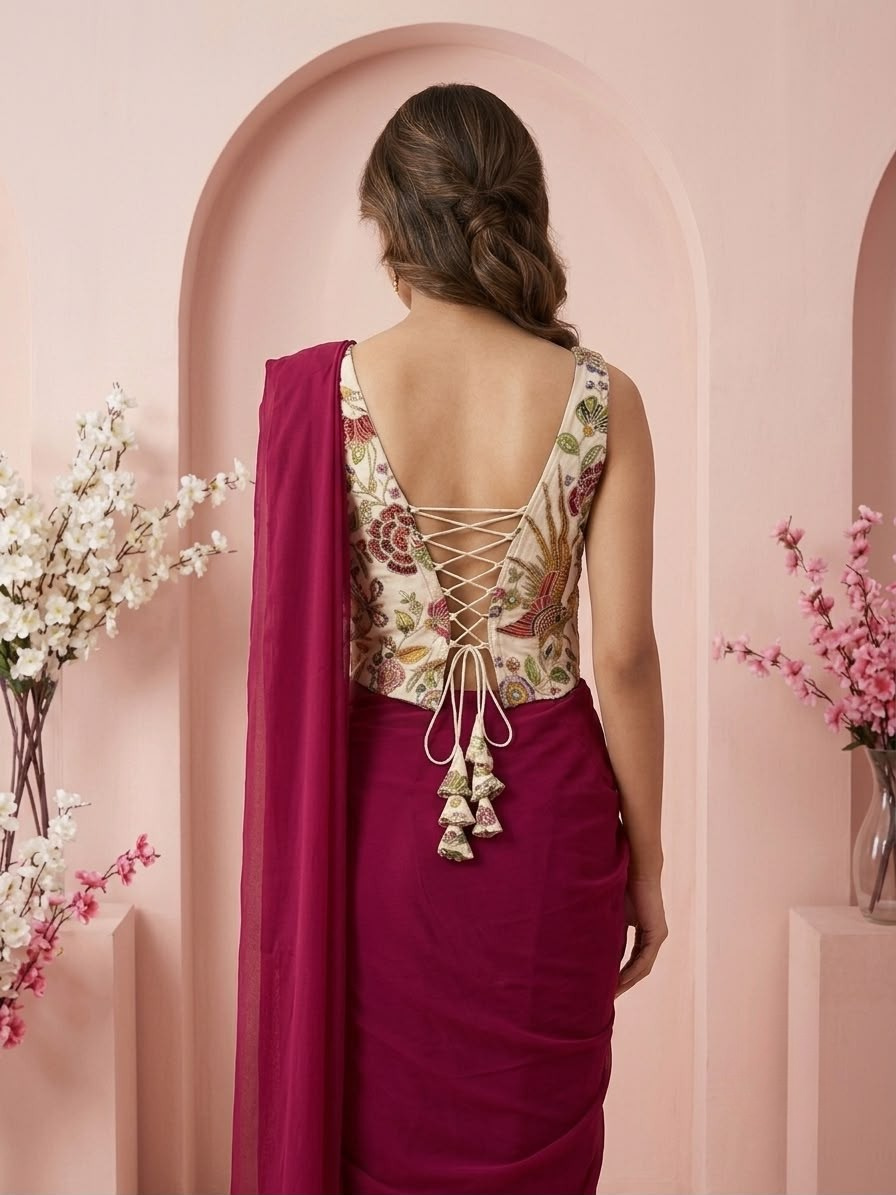 Wine Ready-to-Wear Saree with Floral Embroidered Corset Blouse | Pre-Stitched Designer Party Wear Saree