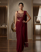 Wine Red Pre-Stitched Saree with Embroidered Corset Blouse