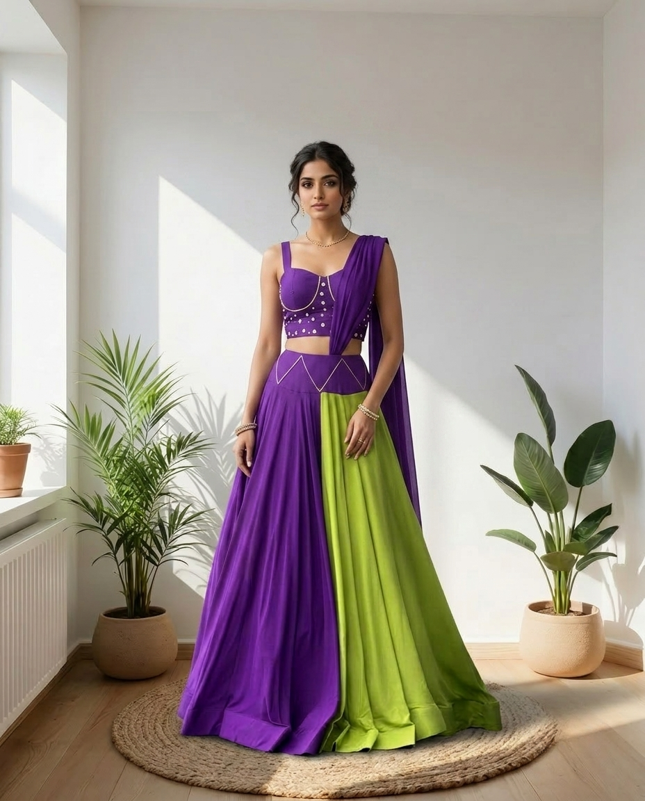 Purple & Lime Green Navratri Lehenga Choli Set | Coin Embellished Festive Garba Outfit