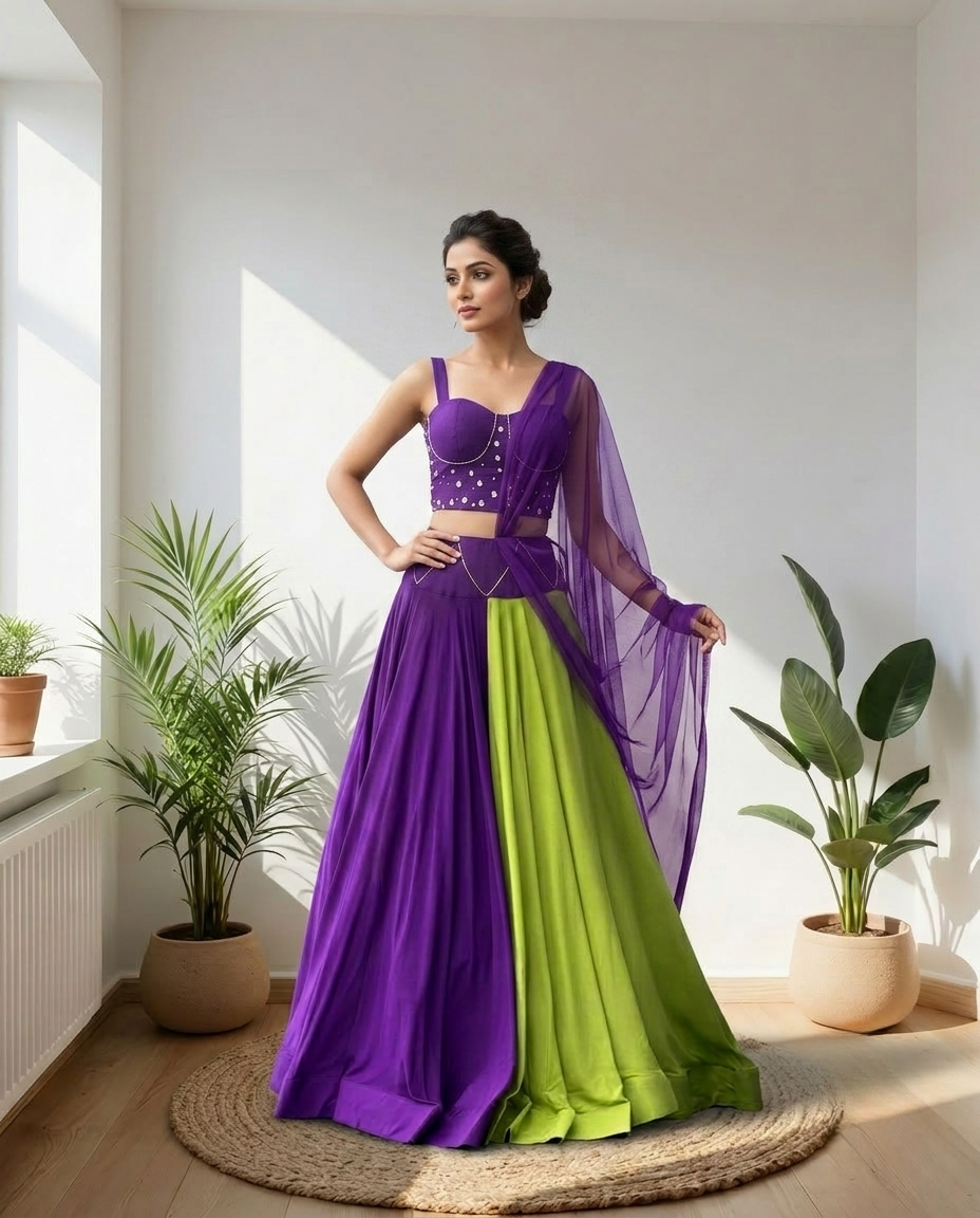 Purple & Lime Green Navratri Lehenga Choli Set | Coin Embellished Festive Garba Outfit