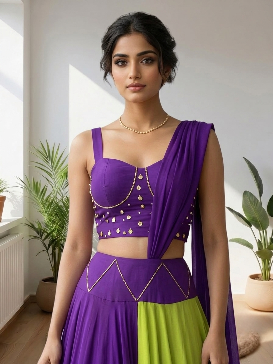 Purple & Lime Green Navratri Lehenga Choli Set | Coin Embellished Festive Garba Outfit