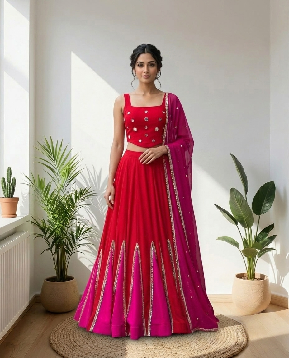 Red & Pink Navratri Lehenga Choli Set with Embellished Dupatta | Festive Garba & Dandiya Outfit