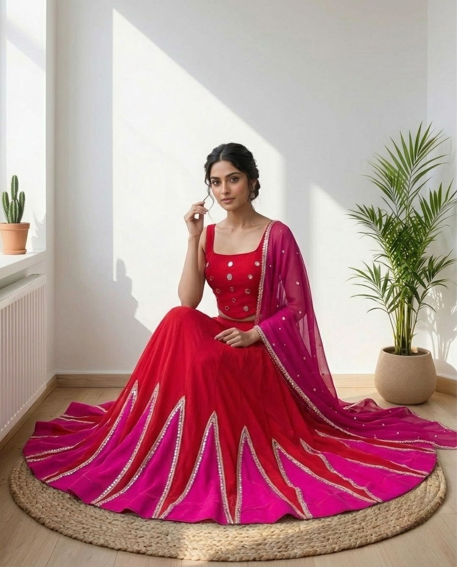 Red & Pink Navratri Lehenga Choli Set with Embellished Dupatta | Festive Garba & Dandiya Outfit