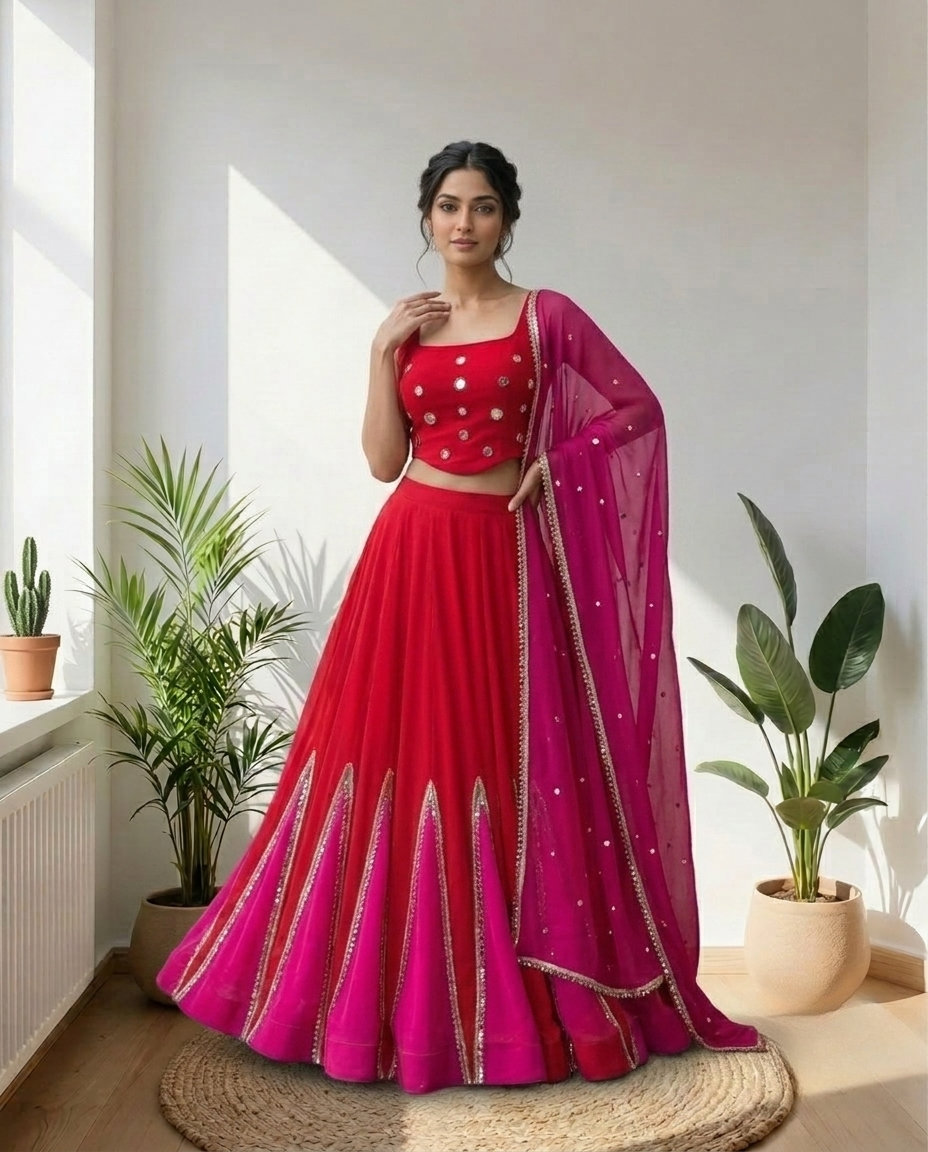 Red & Pink Navratri Lehenga Choli Set with Embellished Dupatta | Festive Garba & Dandiya Outfit