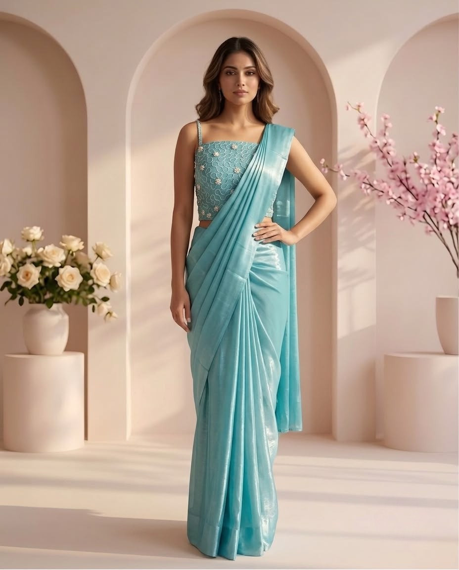 Sky Blue Ready-to-Wear Saree with Embroidered Corset Blouse | Pre-Stitched Party Wear Saree