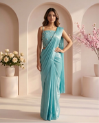 Sky Blue Ready-to-Wear Saree with Embroidered Corset Blouse | Pre-Stitched Party Wear Saree