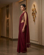 Wine Red Ready-to-Wear Saree with Embroidered Blouse