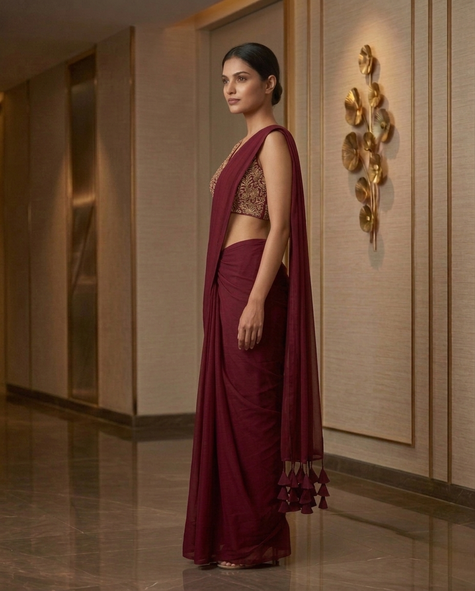 Wine Red Ready-to-Wear Saree with Embroidered Blouse