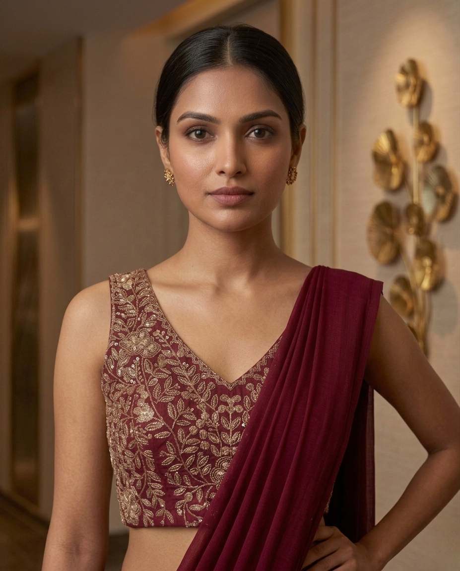 Wine Red Ready-to-Wear Saree with Embroidered Blouse