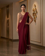 Wine Red Ready-to-Wear Saree with Embroidered Blouse