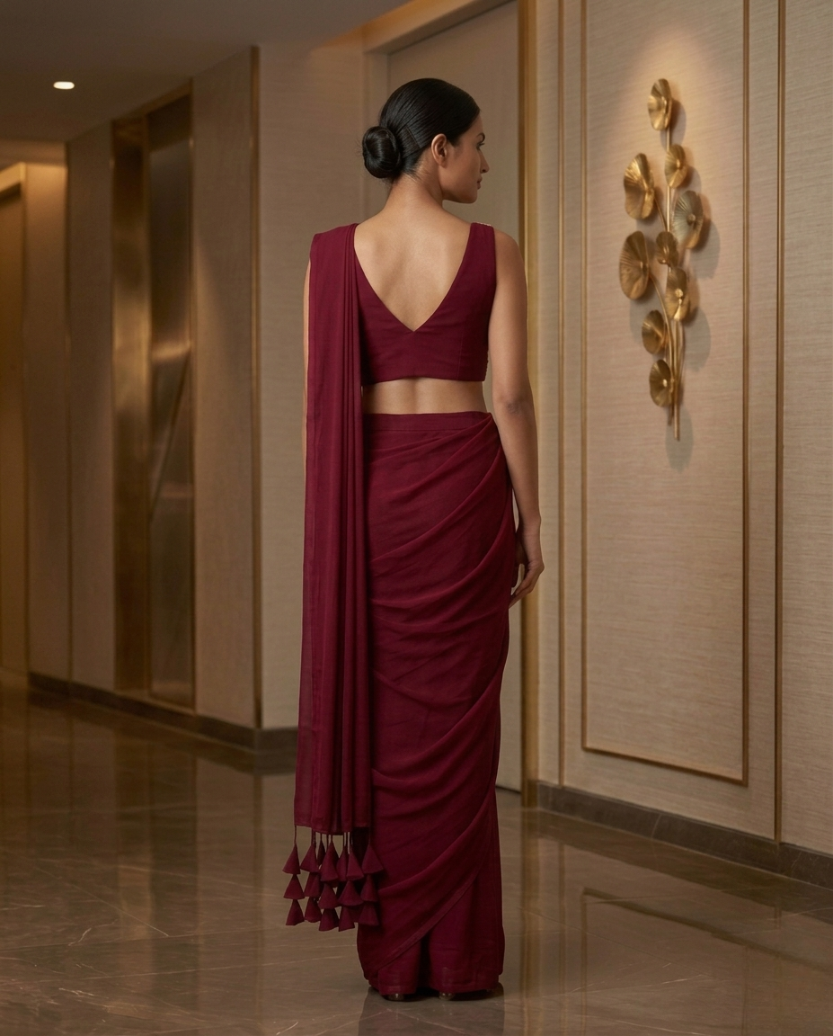 Wine Red Ready-to-Wear Saree with Embroidered Blouse