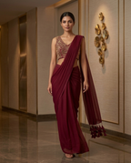 Wine Red Ready-to-Wear Saree with Embroidered Blouse
